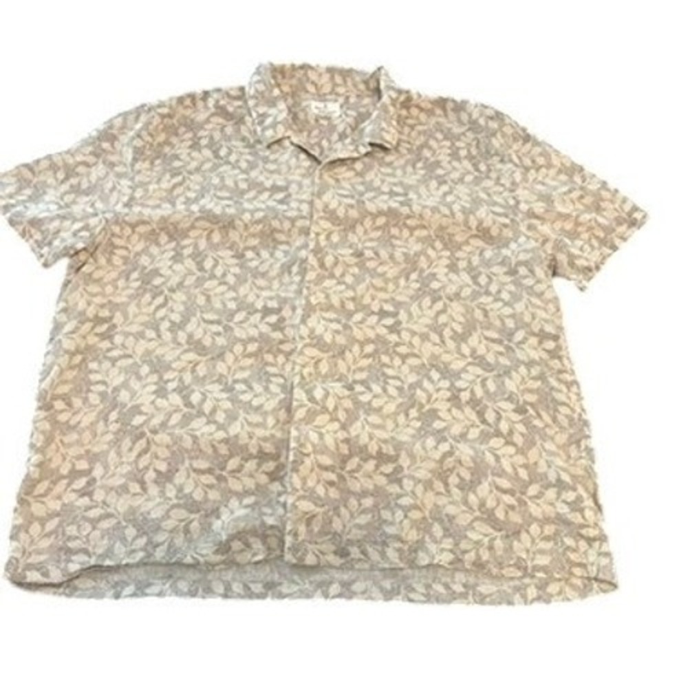 Mutual Weave Mens XXL Linen Cotton Leaf Print Short Sleeve Button Down Shirt Tan
